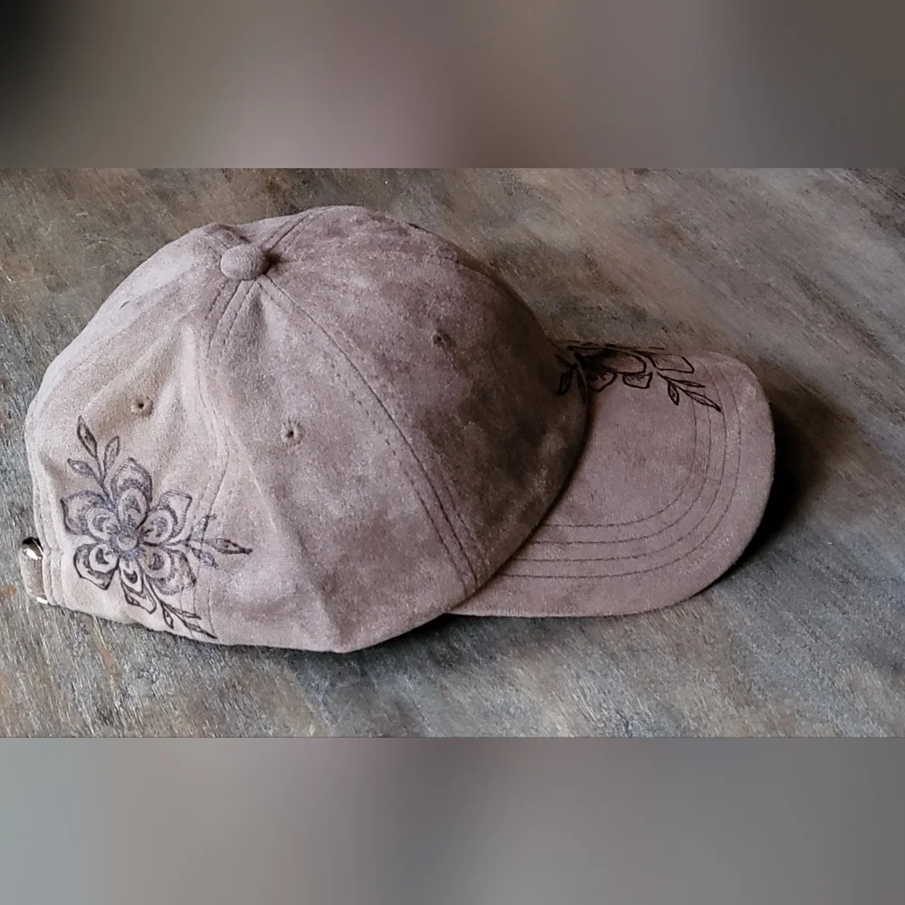 NWT Hand burned grey suede baseball cap with adjustable back